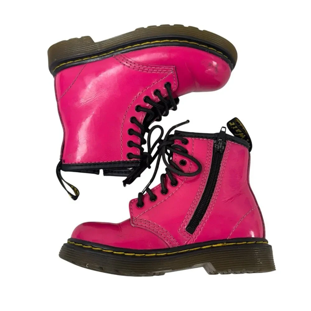 Dr. Martens Baby Girl Size 8 Hot Pink  Patent Leather Lace Up Combat Boots 1460T